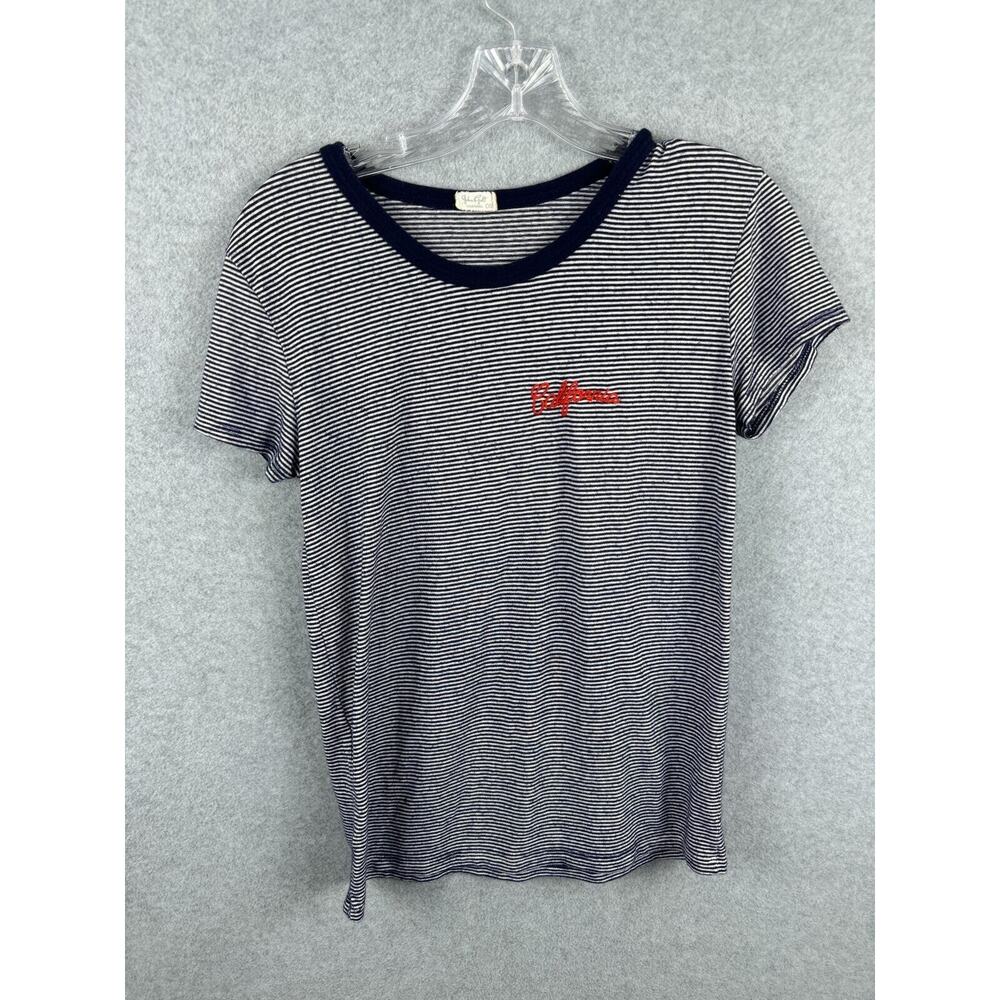 John Galt Shirt Women's S Gray Striped Short Sleeve Top Round Neck Preppy